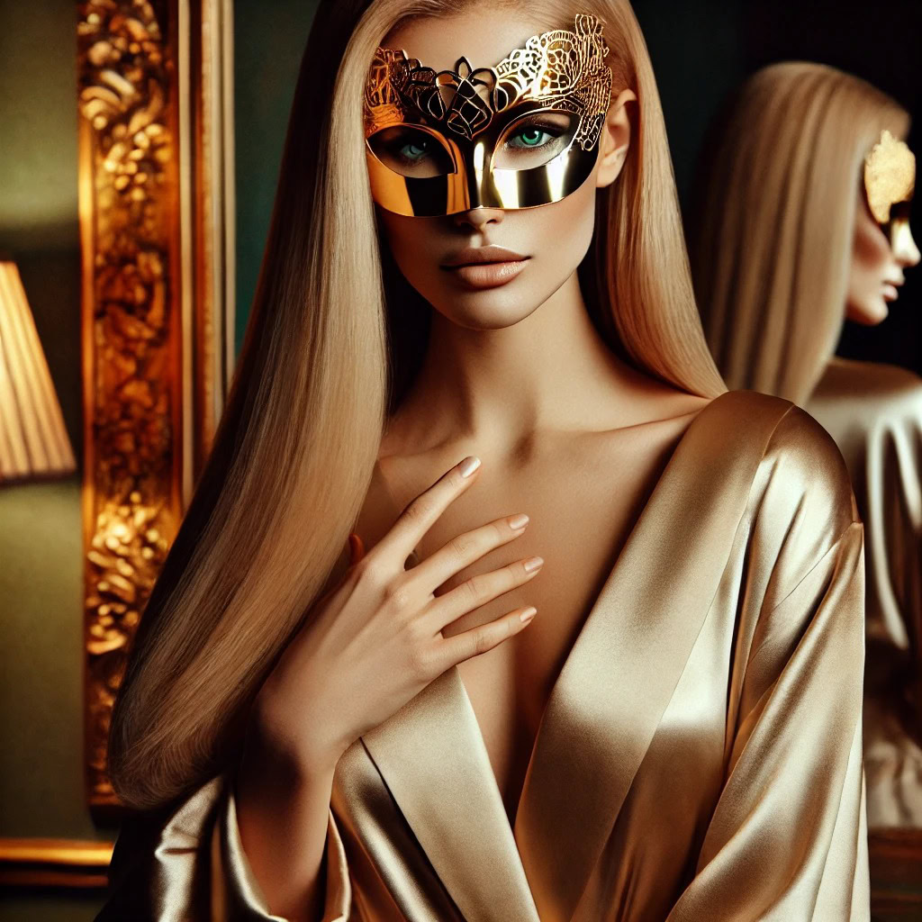 Mulher elegante diante do espelho em ambiente luxuoso, simbolizando autoconhecimento, libido feminina e equilíbrio dos hormônios do prazer.