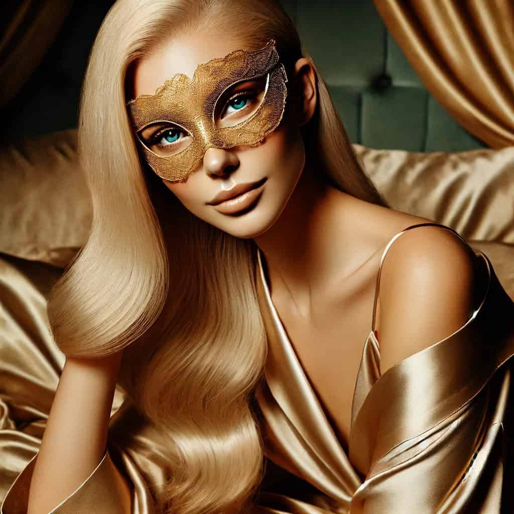 Fantasias de dominação com mulher mascarada reclinada em seda dourada, transmitindo mistério e sensualidade refinada