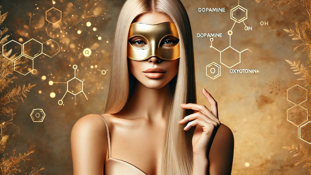 Mulher sensual e elegante com máscara dourada em fundo luxuoso, representando os hormônios do prazer feminino como dopamina e ocitocina — conceito visual de sedução, química e poder feminino.