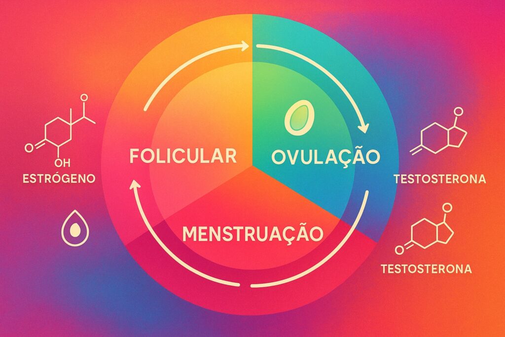 Fases do ciclo menstrual feminino com destaque para estrogênio e testosterona em arte vibrante.