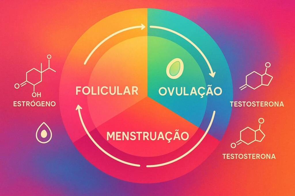 Fases do ciclo menstrual feminino com destaque para estrogênio e testosterona em arte vibrante.