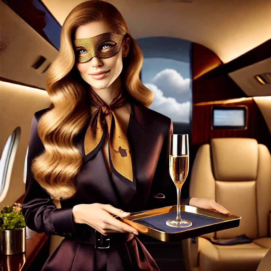 Isa interpretando uma comissária de bordo em um cenário de roleplay para casais, servindo champanhe com elegância em uma cabine de jato executivo, usando máscara dourada e uniforme sofisticado.