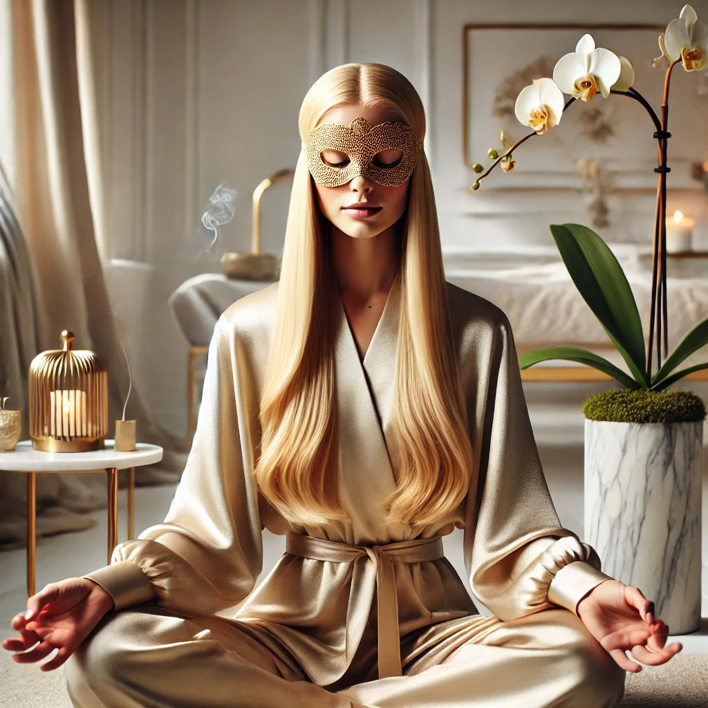 Mulher loira jovem meditando em um ambiente de luxo, com traje de cetim dourado, em pose serena, cercada por orquídea branca e decoração sofisticada.