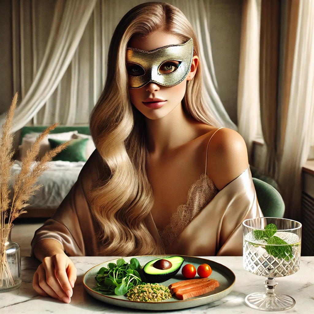 Mulher loira de olhar marcante e expressão serena, apreciando uma refeição saudável com salmão, abacate e vegetais frescos em mesa de mármore, envolta por um ambiente sofisticado e silencioso.