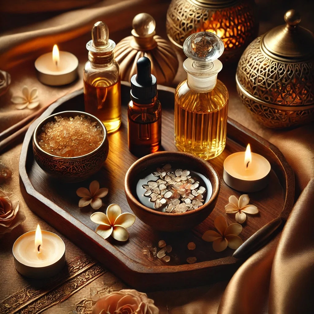 Bandeja com óleos aromáticos, velas acesas e flores em cenário acolhedor para massagem relaxante
