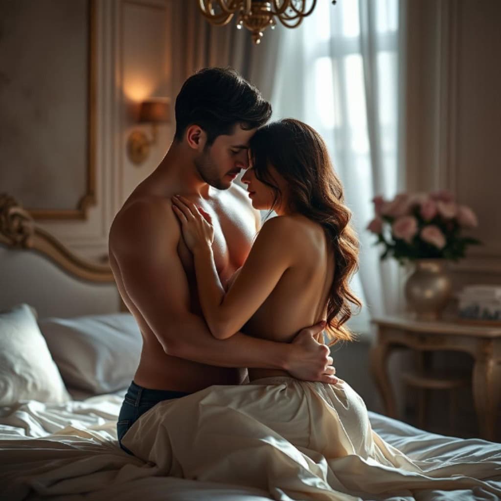 Casal em posição Ponte Sentada, trocando carinho e intimidade emocional em um quarto luxuoso, representando uma das melhores posições sexuais para aumentar a intimidade do casal.