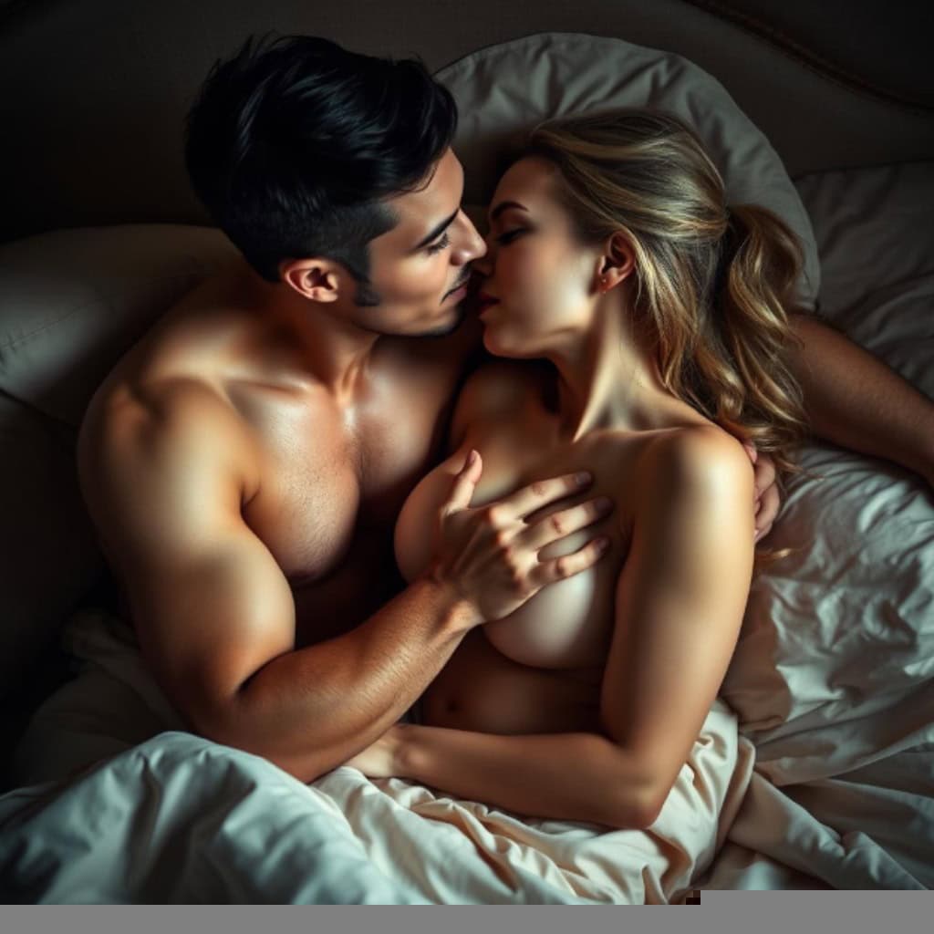 Casal deitado de lado, frente a frente, trocando olhares e carícias íntimas, representando uma das melhores posições sexuais para aumentar a intimidade do casal.