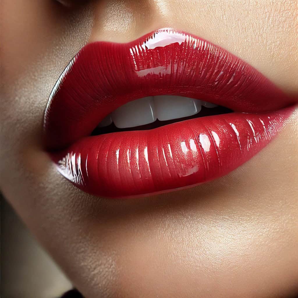 Boca feminina com lábios vermelhos brilhantes entreabertos, representando o desejo e o poder sensual com elegância