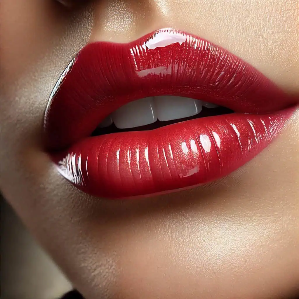 Boca feminina com lábios vermelhos brilhantes entreabertos, representando o desejo e o poder sensual com elegância