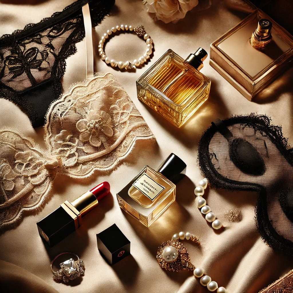 Lingerie de renda, perfume, batom vermelho e joias sobre seda — os detalhes da preparação íntima na rotina de uma acompanhante de luxo.