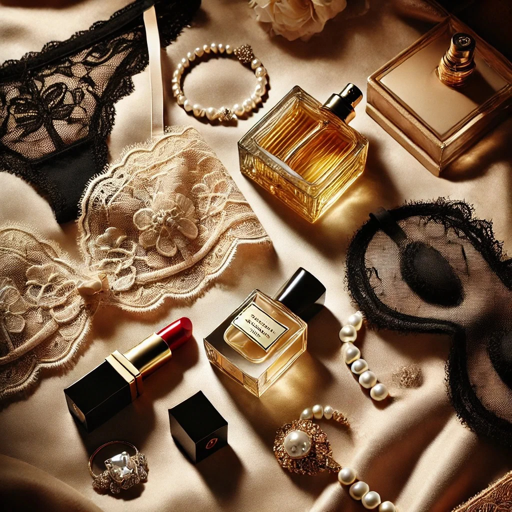 Lingerie de renda, perfume, batom vermelho e joias sobre seda — os detalhes da preparação íntima na rotina de uma acompanhante de luxo.