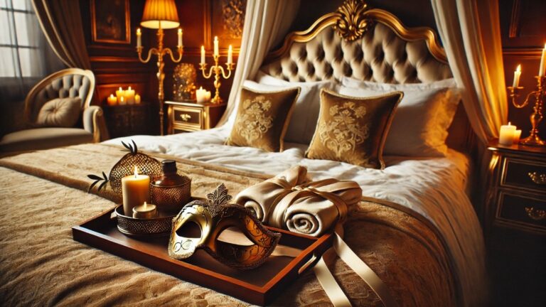 Ambiente elegante com cama de linho dourado, velas acesas e clima íntimo preparado para massagem erótica