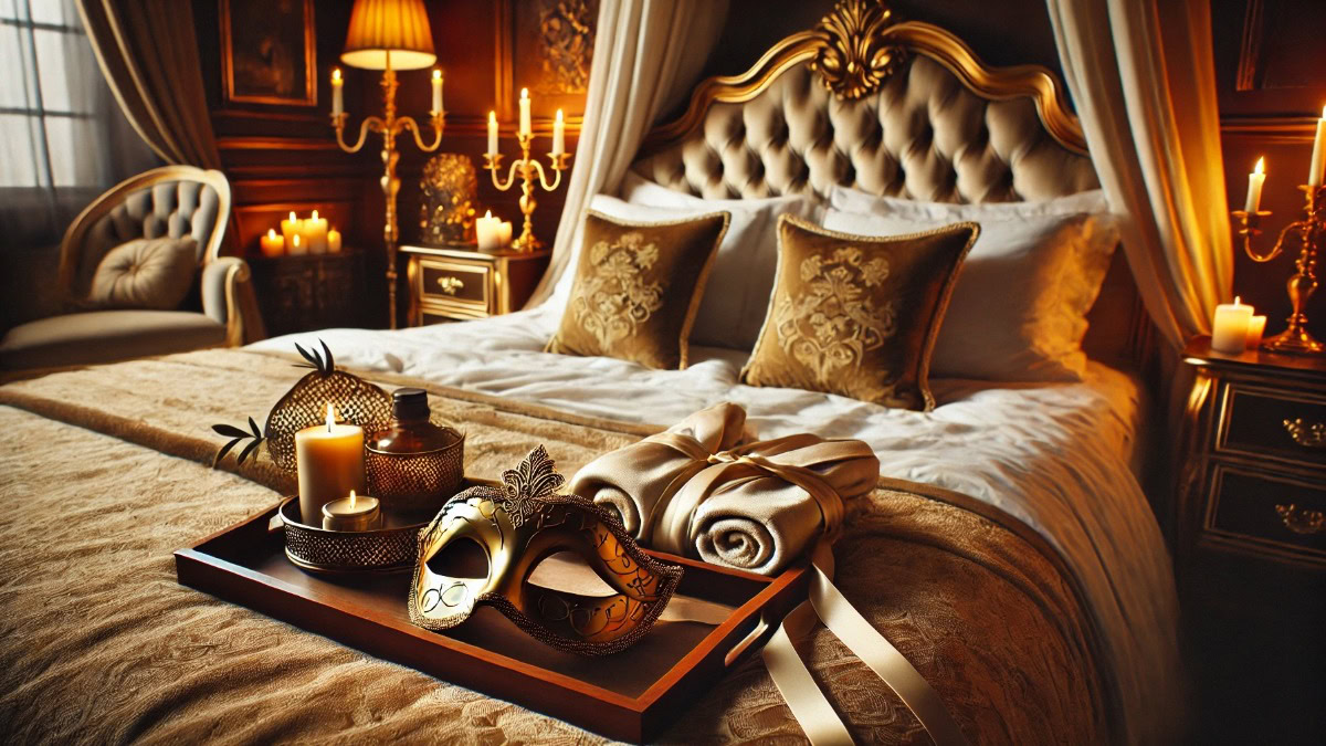 Ambiente elegante com cama de linho dourado, velas acesas e clima íntimo preparado para massagem erótica