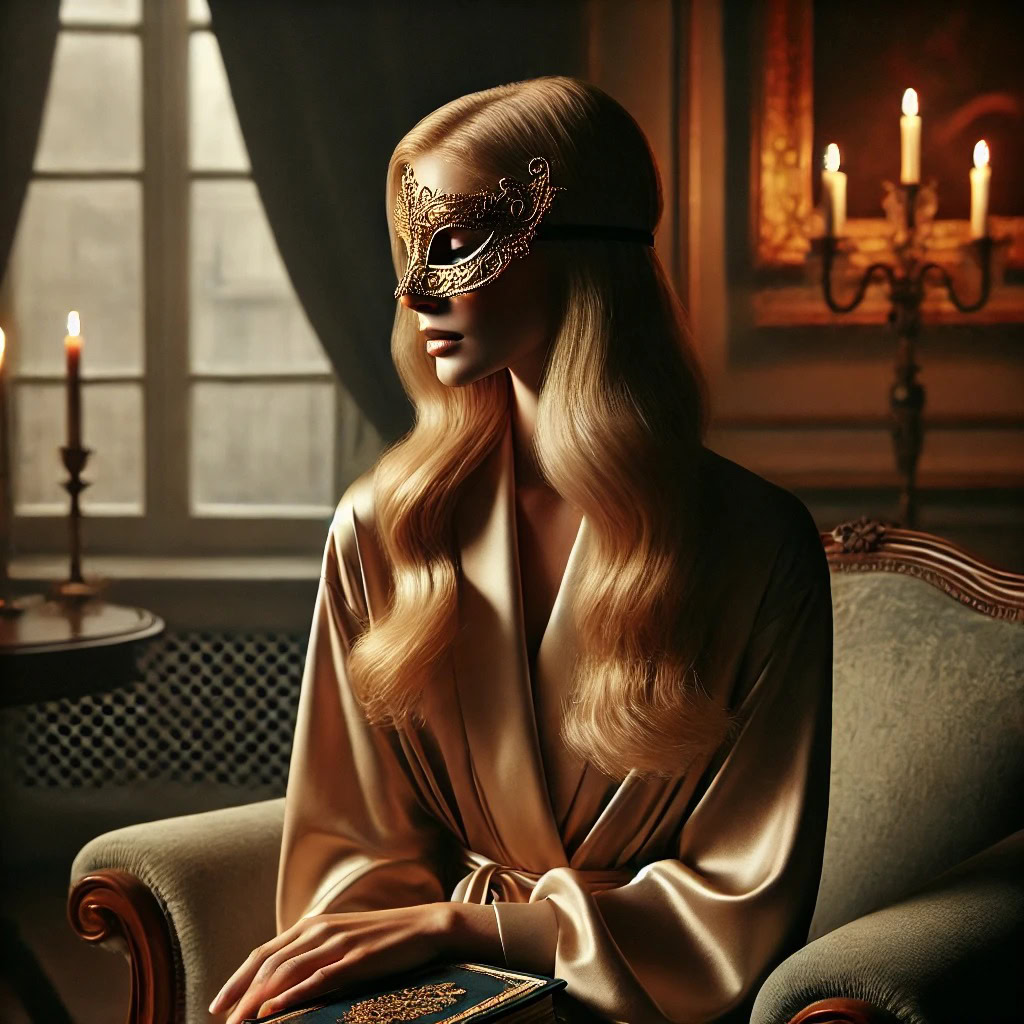 Mulher loira com máscara dourada sentada em silêncio com um diário nas mãos, em ambiente luxuoso e à luz de velas — momento íntimo na rotina de uma acompanhante de luxo.
