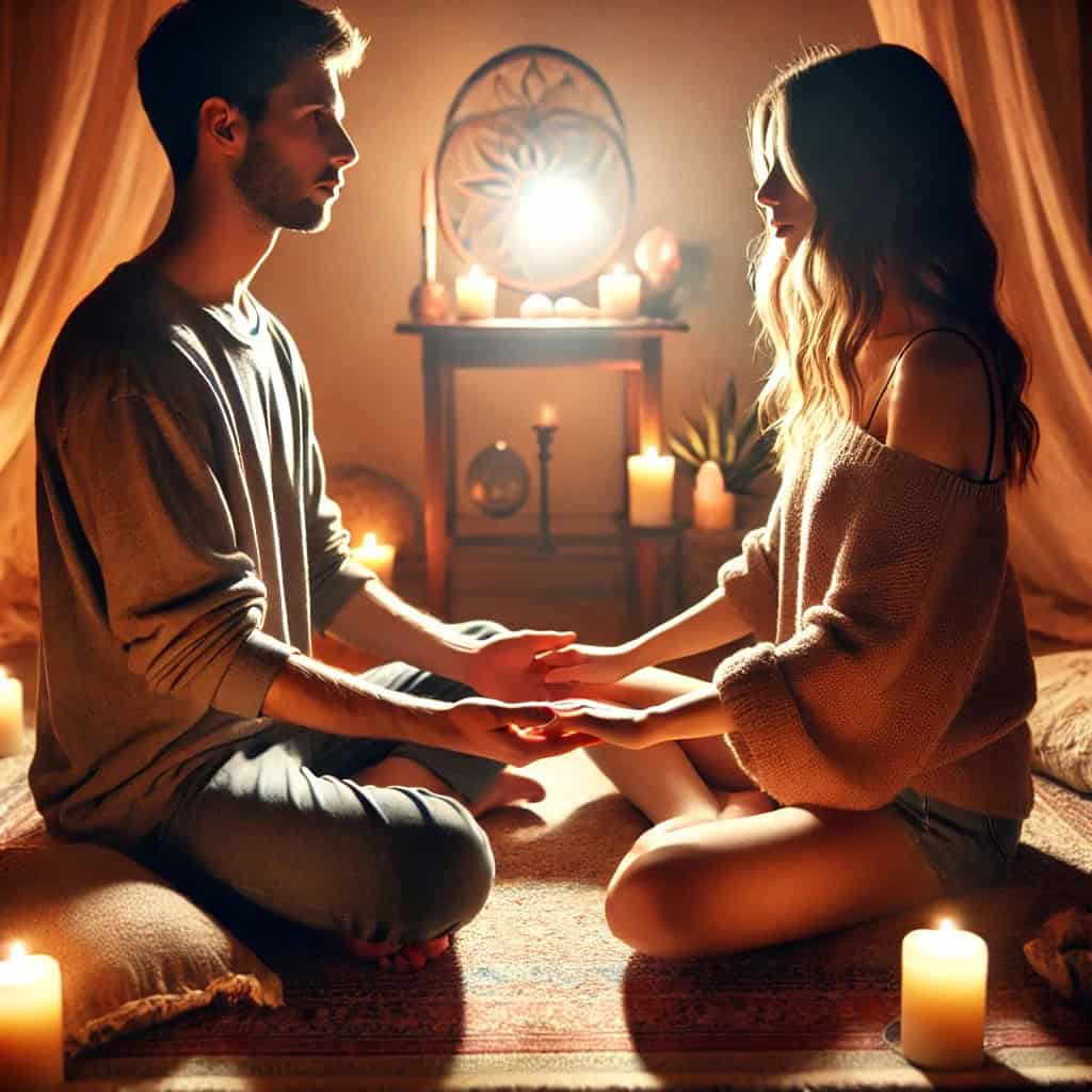 Casal participando de um ritual de toque consciente em ambiente preparado com velas e música suave