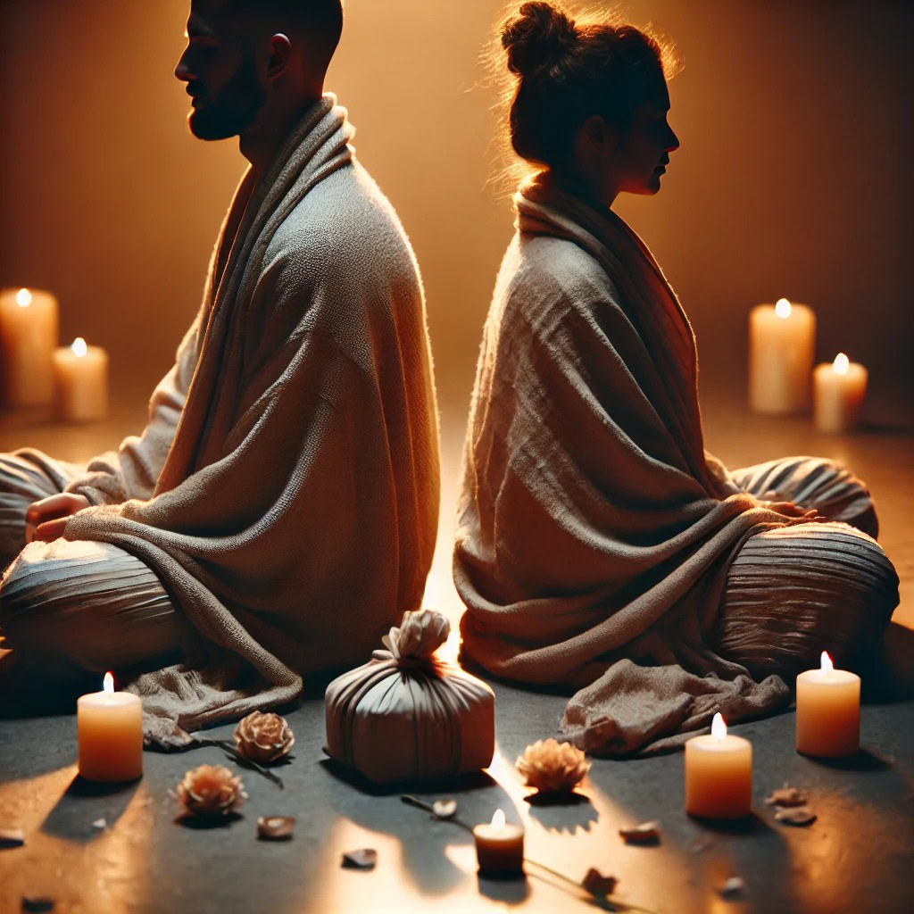 casal em meditação pós-tântrica representando o tantra avançado com conexão emocional