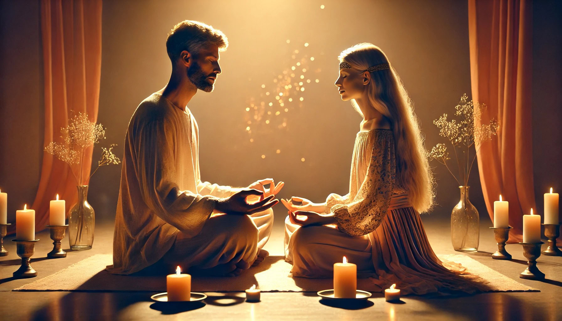 casal praticando tantra avançado em ambiente meditativo com velas e luz dourada