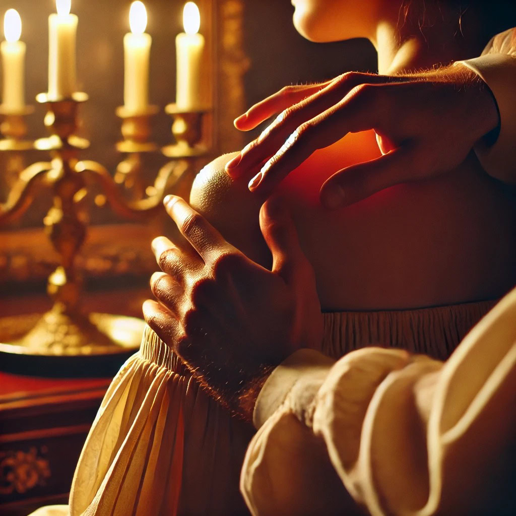 Toque suave nos ombros em ambiente acolhedor com luz de velas e clima de entrega emocional