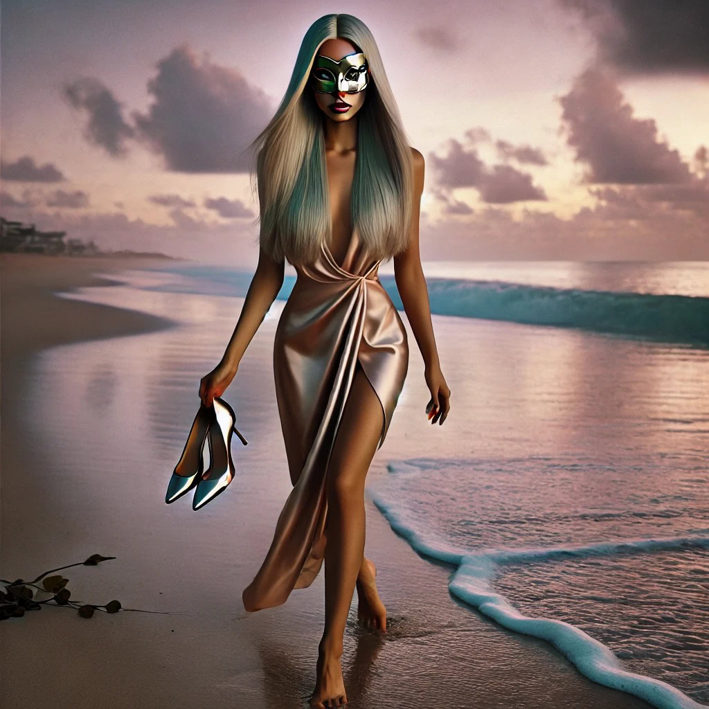 Acompanhante de elite em Recife caminhando descalça pela praia de Boa Viagem ao amanhecer, com vestido de seda champagne e máscara dourada minimalista, transmitindo elegância, mistério e poder sensual.