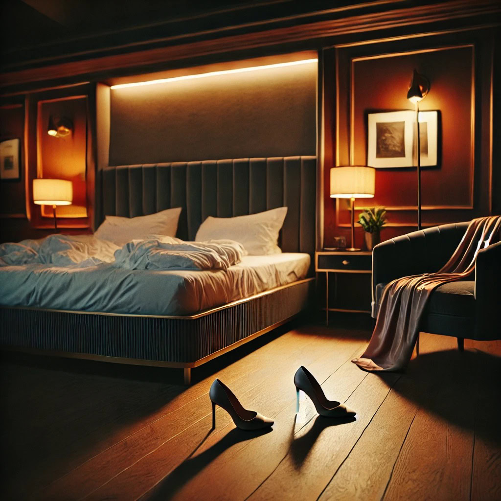 Quarto de motel com cama desfeita e salto alto após a primeira noite romântica