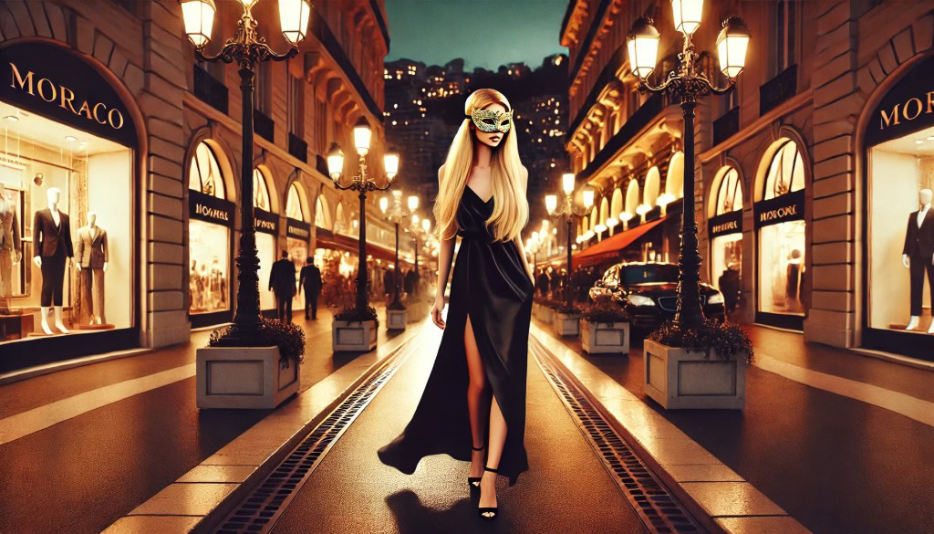 Mulher loira de vestido preto caminhando sozinha à noite em rua luxuosa da Europa, representando como ser sexy com elegância e presença
