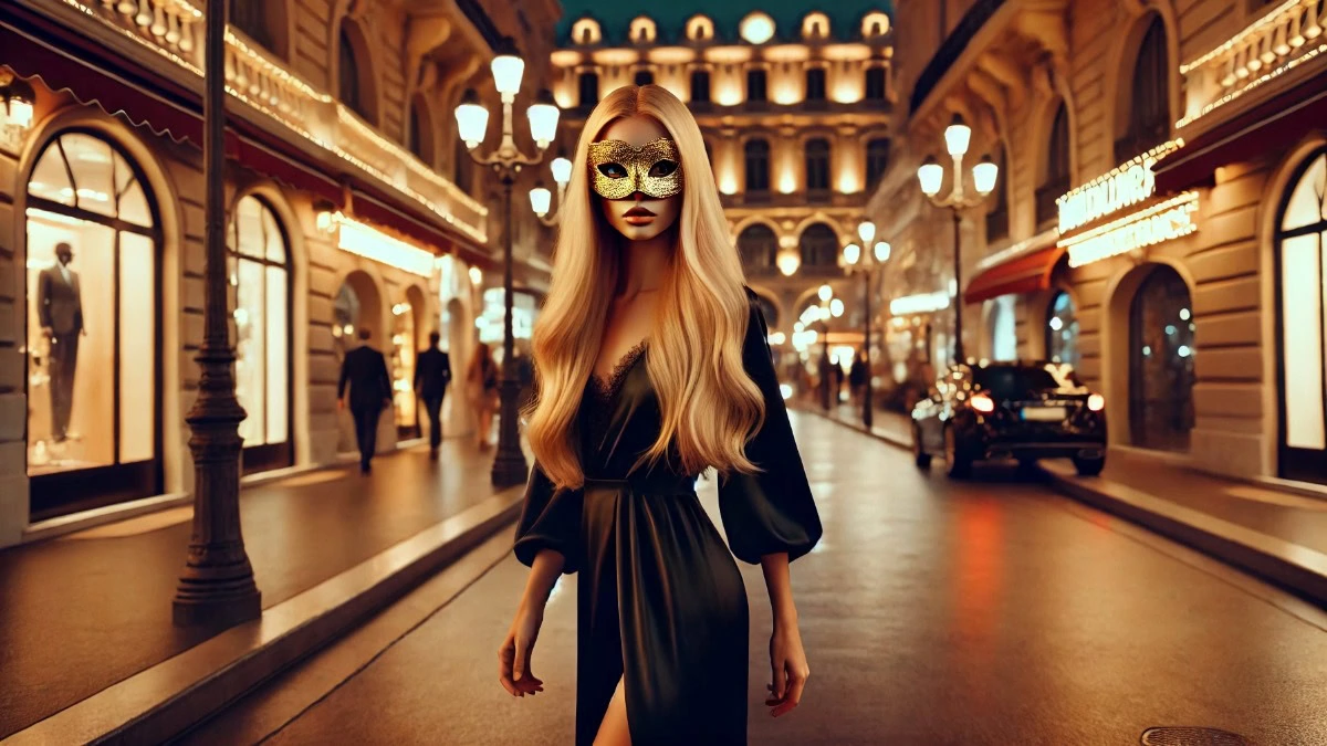 Mulher loira com olhar sedutor e vestido preto caminhando à noite por uma rua elegante da Europa, expressão de como ser sexy com confiança e mistério