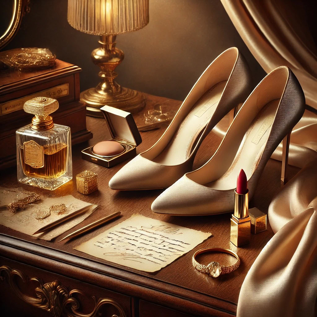 Cena refinada com sapatos de salto alto, batom vermelho, perfume e joias sobre uma penteadeira vintage — representação visual do ritual de como ser sexy com elegância e sofisticação