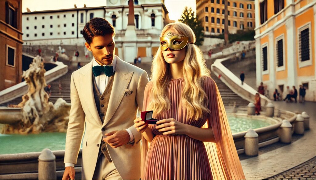 casal elegante diante da Fontana di Trevi em Roma, encenando conexão profunda entre desejo e presença emocional