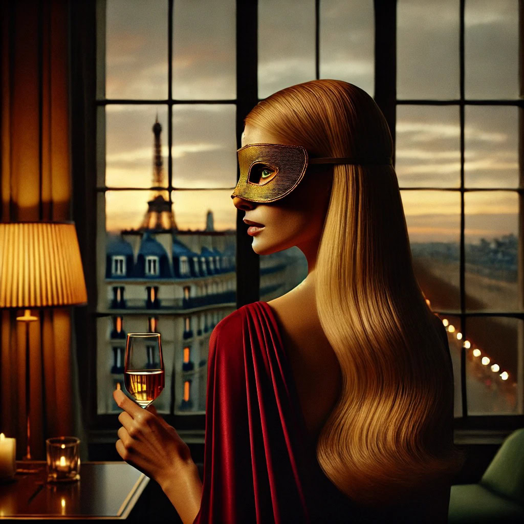 mulher misteriosa em hotel de luxo em Paris ao pôr do sol, refletindo sobre a diferença entre homem brasileiro e europeu
