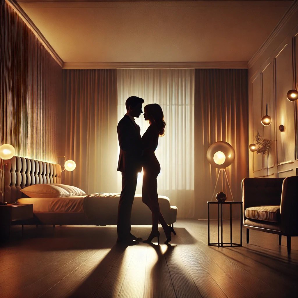 Casal em clima íntimo vivendo sua primeira noite em motel com conexão e romantismo