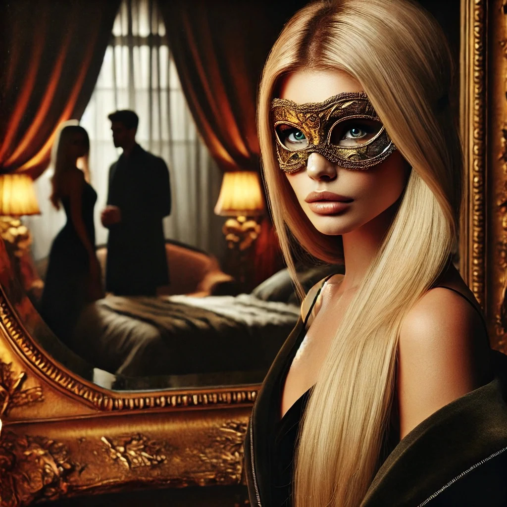 Mulher com máscara dourada observando o casal ao fundo conversando no quarto – como falar sobre fetiche cuckold com o parceiro
