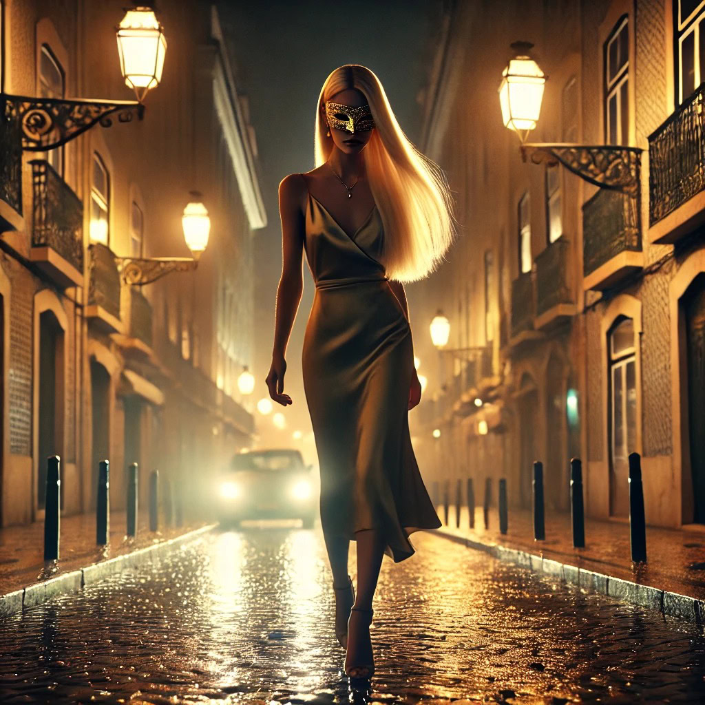 mulher misteriosa caminhando em Lisboa à noite, explorando se gringo presta mais em encontros de luxo
