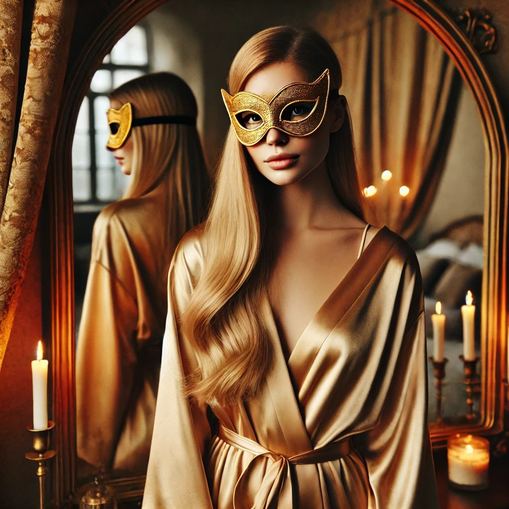 Mulher loira de 25 anos com olhos verdes e robe dourado diante de espelho antigo — símbolo da consciência sensual e da conexão mente-corpo no mindfulness sexual.