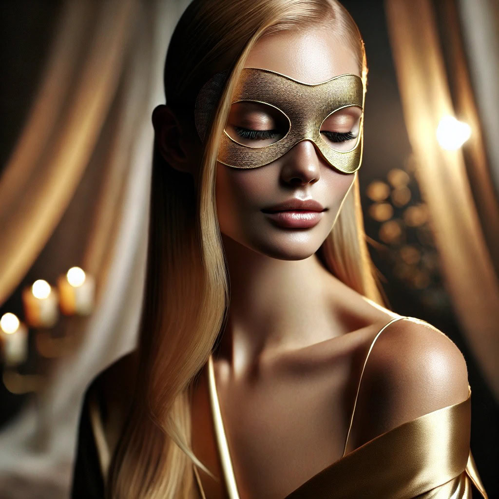Retrato close-up de uma mulher loira com olhos fechados, expressão serena e máscara dourada — simbolizando a respiração consciente, presença e sensualidade no mindfulness sexual.