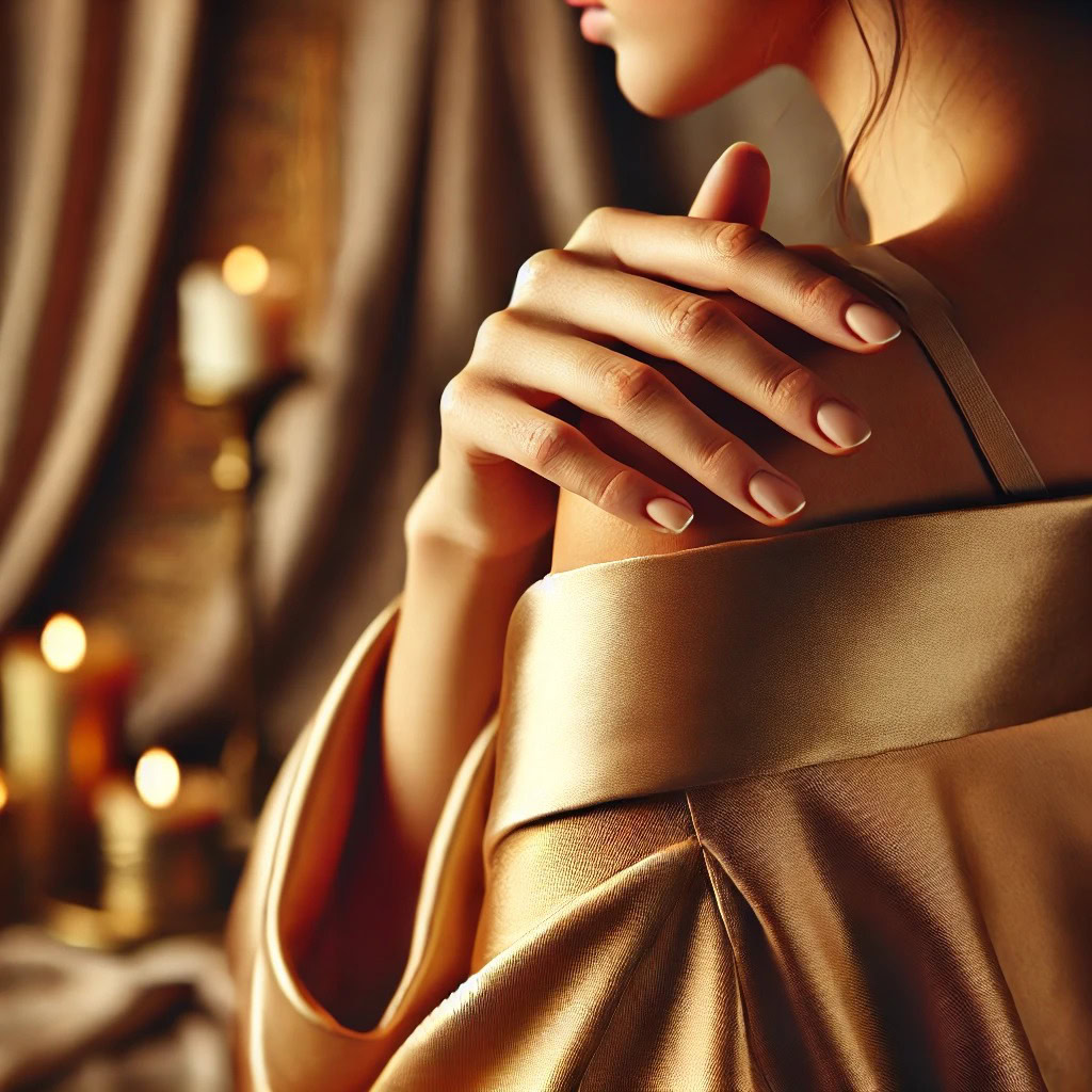 Close elegante da mão de uma mulher tocando o ombro coberto por seda dourada — representação sutil do mindfulness sexual, presença e autocuidado luxuoso.
