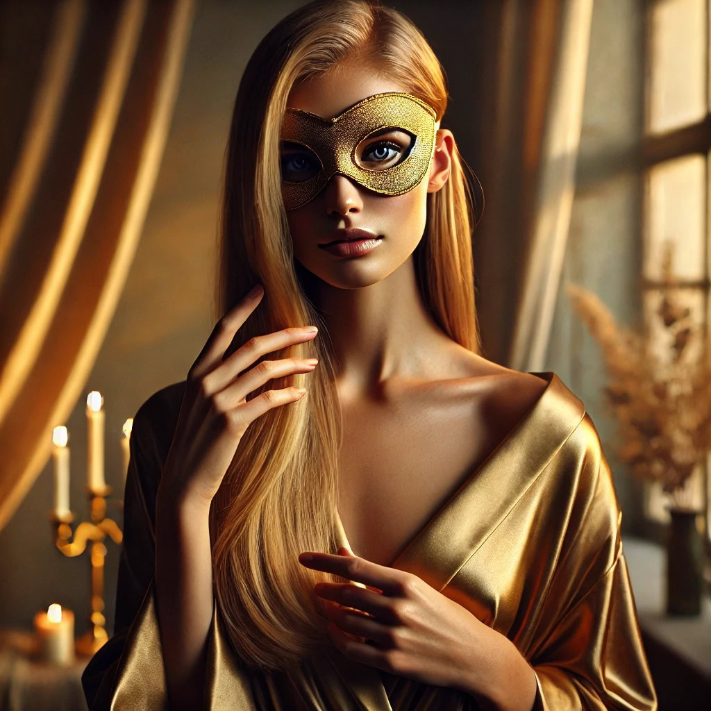 Mulher loira com olhos verdes e robe dourado diante de uma janela iluminada — expressão de autoconfiança, renascimento sensual e transformação interior no mindfulness sexual.