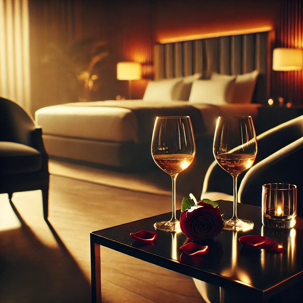 Primeira vez no motel com vinho, pétalas e clima de sedução em quarto elegante