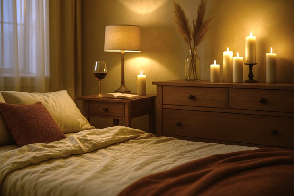 ambiente íntimo e acolhedor para aftercare pós-sexo com luz suave e atmosfera relaxante