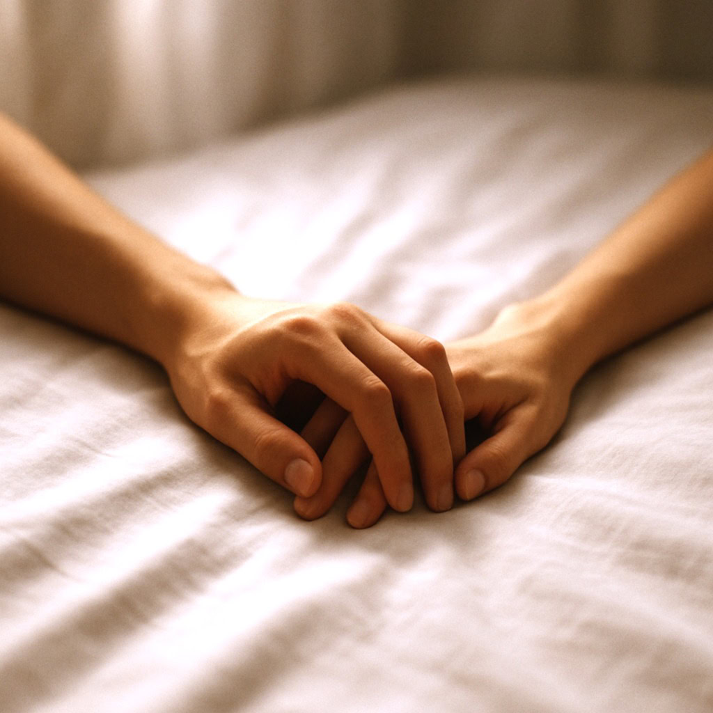 mãos entrelaçadas sobre lençol após o sexo representando aftercare pós-sexo com toque emocional