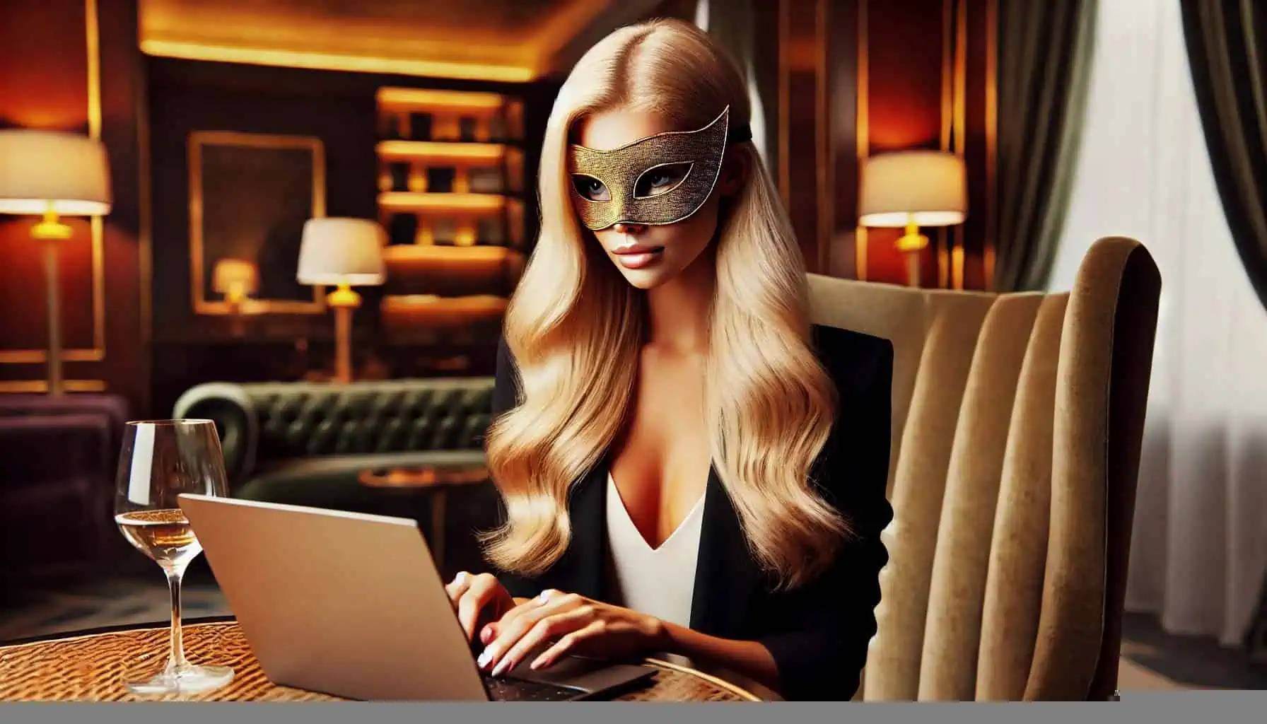 Mulher sofisticada digitando laptop em ambiente de luxo, representando o universo do marketing digital de alto padrão